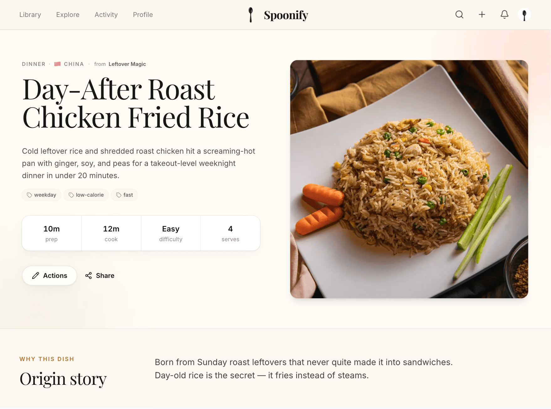 A recipe page on Spoonify with ingredients and instructions